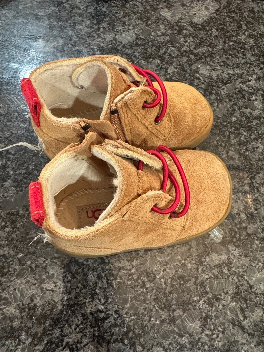 UGG Kids Chestnut/Tan Suede Boots with Red Accents